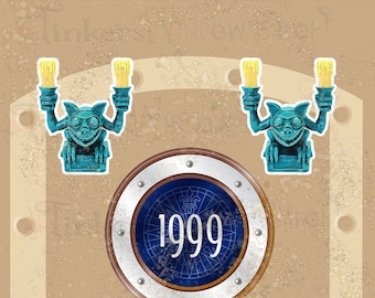 May include: A vintage-style door with a round porthole window featuring the number 1999. Two decorative gargoyle-like figures with glowing eyes are mounted on either side of the porthole.