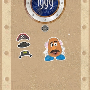 May include: A brown door with a round porthole window with the number 1999 inside. There are three small stickers on the door: a pirate hat, a black hat, and a cartoon potato head with a mustache.