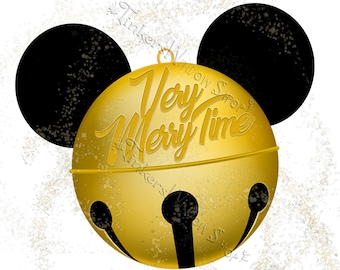 May include: A gold Christmas ornament shaped like a bell with black Mickey Mouse ears. The bell has the text "Very Merry Time" written on it. The ornament is 5.5 inches wide and 5 inches tall.