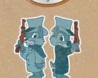 May include: A cartoon illustration of two chipmunks in blue coats and hats, each holding a red object. Above, a circular design displays the year "1999" in white text on a blue and silver background. The background is a light brown colour.