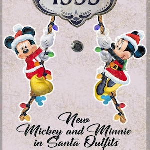 May include: A festive illustration featuring Mickey and Minnie Mouse in Santa outfits. Mickey is in a red Santa suit with a white trim, and Minnie is in a similar outfit with a green trim. The text reads "New Mickey and Minnie in Santa Outfits."