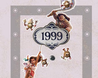 May include: A colorful illustration featuring characters from the animated film Moana. The illustration includes Moana, Maui, and several small, brown, furry creatures. The illustration also includes a sign with the year 1999.