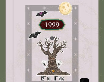 May include: A decorative wall sign measuring 30.48 cm tall and 27.94 cm wide, featuring a brown gnarled tree with a face, two white mouse-like figures, two black bats, a yellow moon, and a dark sign with the text 1999 in white lettering.