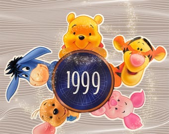 May include: A blue, yellow, and orange cartoon character design featuring Winnie the Pooh, Tigger, Eeyore, Piglet, and a blue circle with the year 1999 in white text.