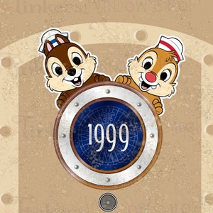 May include: A cartoon image featuring Chip and Dale wearing sailor hats, peeking over a circular emblem. The emblem has a blue compass design with the year "1999" in white text, set against a tan background.