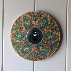 Nest Wall Plate / Nest Thermostat Wall Plate / Wall Decor / Home Decor - Round Peacock Feather Nest Wall Plate