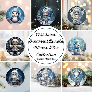 Pakiet niebieskich ozdób świątecznych w formacie PNG: zimowe wzory świąteczne (do pobrania cyfrowego)