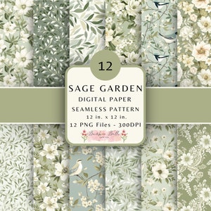 Sage Digital Paper Bundle, nahtloses Muster PNG digitaler Download, Salbei grünes digitales Papier, Sublimationsdesigns, Cottagecore Art
