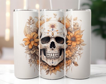 Sugar Skull Tumbler Wrap | Day of the Dead Floral PNG (Digital Download)