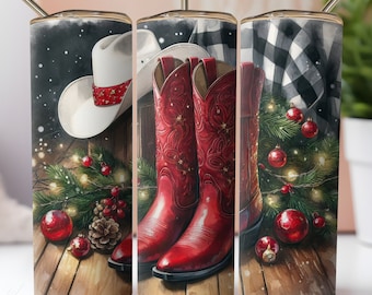 Cowgirl Christmas Tumbler Wrap: Western Boots PNG (Digital Download)
