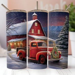 Red Farm Truck Christmas Tumbler Wrap PNG Digital Download for 20 oz Skinny Tumbler | Farm Life PNG | Sublimation Designs