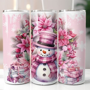 Pink Christmas Tumbler Wrap PNG Digital Download 20 oz Skinny Tumbler | Pink Snowman Tumbler | Pink Christmas Tumbler | Sublimation
