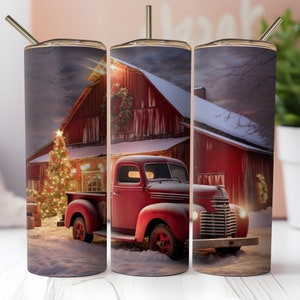 Red Farm Truck Christmas Tumbler Wrap PNG Digital Download for 20 oz Skinny Tumbler | Farm Life PNG | Sublimation Designs