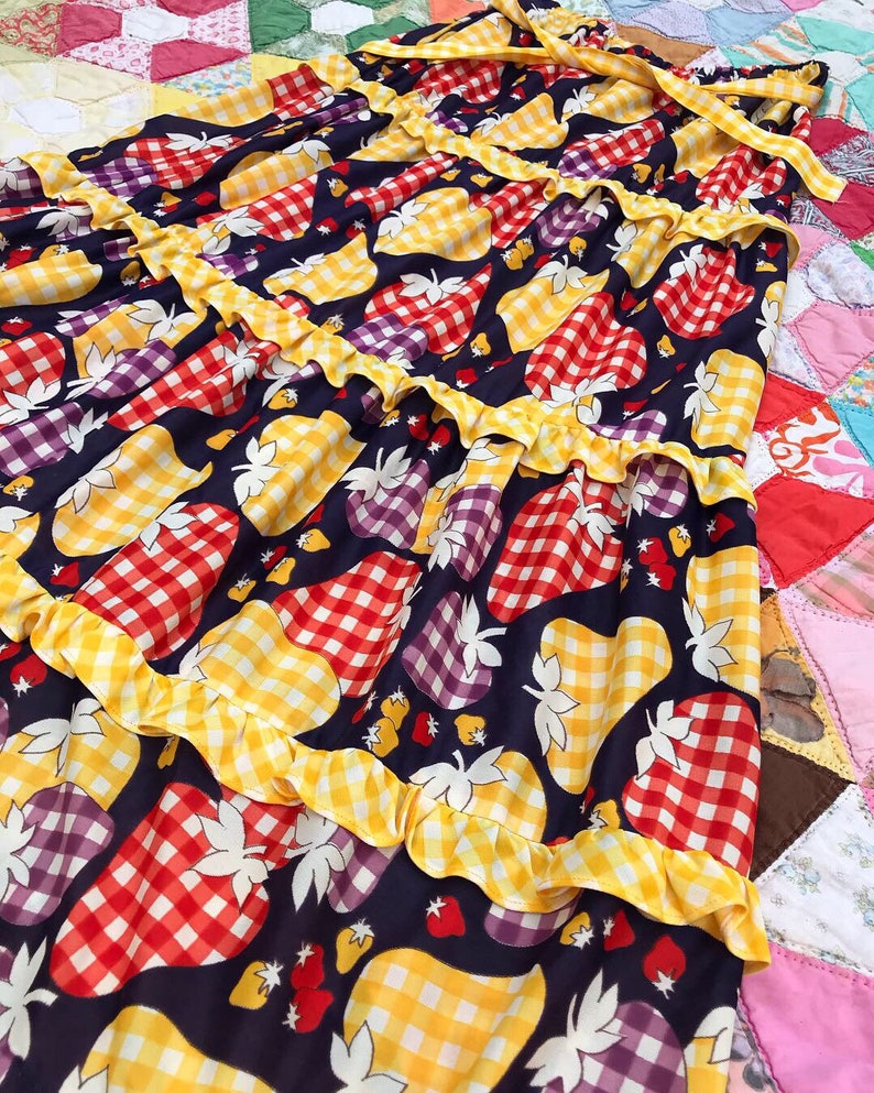 Vintage 1970s tiered gingham check strawberry skirt