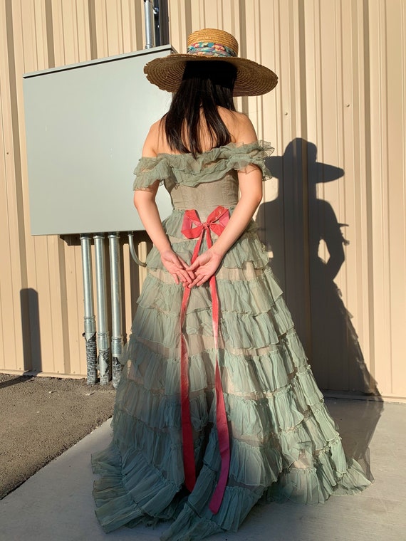Vtg 30s 40s Blue Green Ruffle Tulle Cotillion Gown