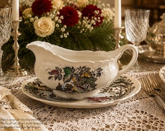 May include: A white ceramic gravy boat with a scalloped rim and a handle, featuring a colorful landscape illustration of trees and foliage. The gravy boat rests on a matching oval saucer decorated with a similar detailed nature scene in multi-colored tones.
