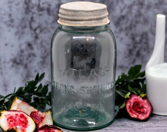 Vintage Aqua Glass Quart Jar with Ball Lid - Atlas Strong Shoulder for Home Decor