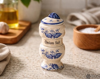 Vintage Arnart Blue Onion Onion Salt Jar Replacement | Blue & White Ceramic Spice Container | 1980s Farmhouse Kitchen Decor