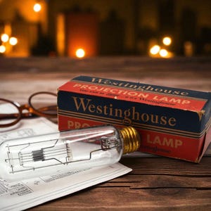 May include: A vintage Westinghouse Projection Lamp with its original box, featuring a clear glass bulb with internal filaments and a brass base. The box is red and blue with the Westinghouse logo. A pair of round eyeglasses and a blueprint are also in the image.