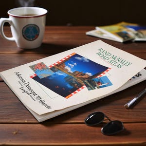 Puede incluir: Naturaleza muerta con un Atlas de Carreteras Rand McNally abierto sobre una mesa de madera, con una taza de café, gafas de sol y un bolígrafo. El atlas tiene una imagen escénica en la portada y el texto "Arkansas Democrat Gazette".