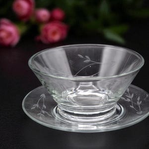 Princess House Heritage Glass Mayo Bowl with Under Plate – Etched Floral Design – Vintage Clear Crystal Serving Set