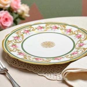 Limoges France L.D.B. & Co 9.5&quot; Plate – Pink Rose Medallion, Gold Gilded Rim, Scalloped Edge, Flambeau China, Scarce Pattern