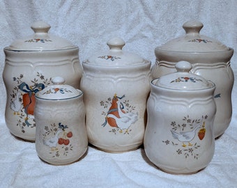 Vintage International China Marmalade Canister Set - Geese & Blue Trim - 1980s
