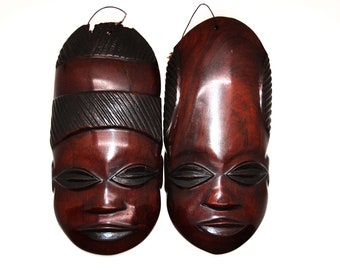 Pair of 2 Hand-Carved Ebony African Tribal Masks - 8" Tall, Cultural Art
