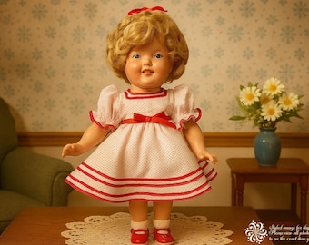 May include: A vintage doll with blonde curly hair, wearing a white dress with red polka dots, trim, and a bow. The doll has red shoes and is standing on a table. A vase of flowers is in the background.