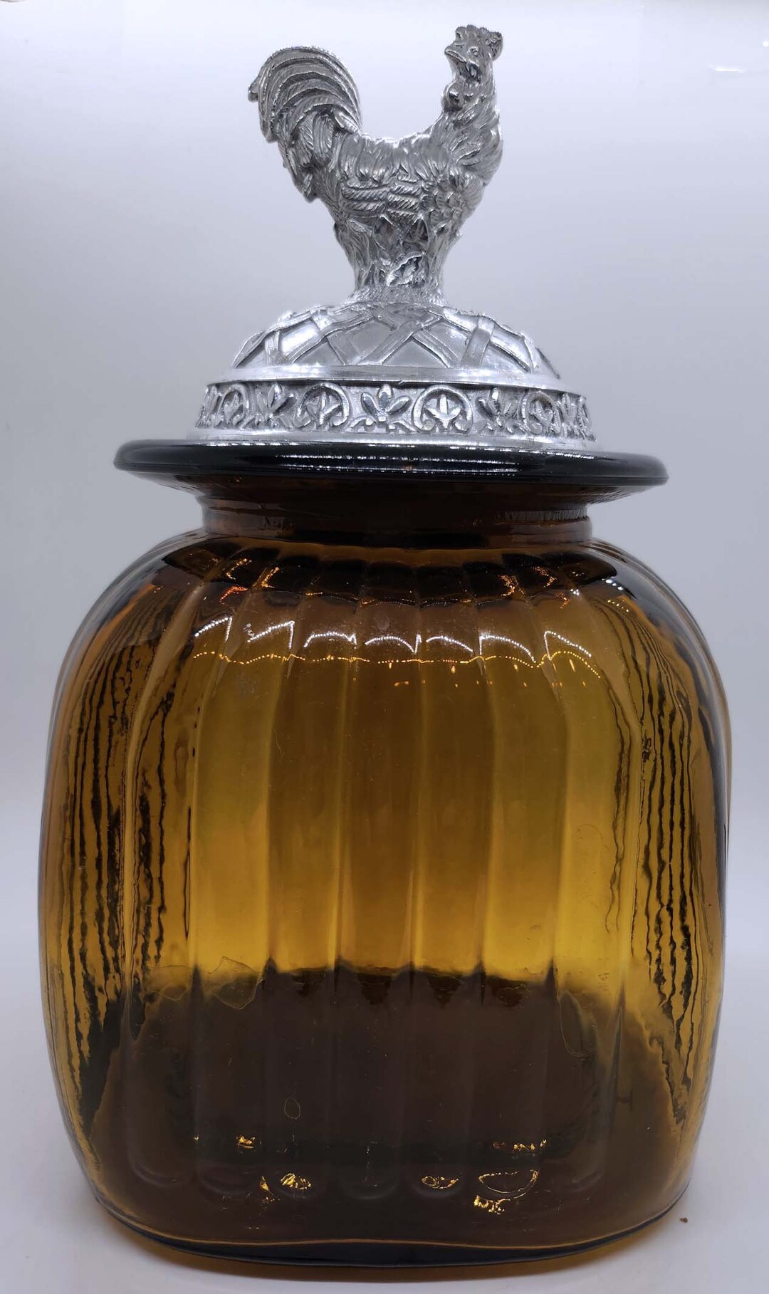 Vintage Amber Ribbed Glass Square Canister With Pewter Rooster Etsy