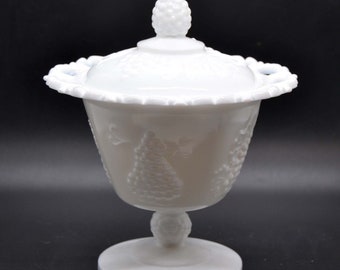 Vintage Milk Glass Candy Dish with Lid - Ribbon Design - 7" Tall