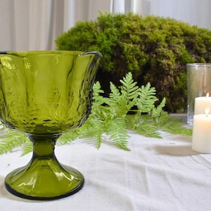Vintage 1970s Green Grape Compote – Indiana Glass Harvest Pattern Footed Candy Dish in Avocado Elegance