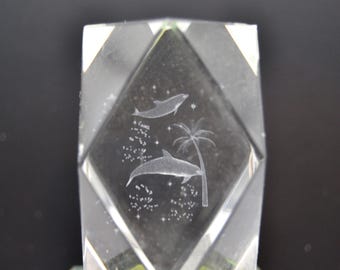 Vintage Crystal Glass Dolphin Cube, 3D Laser Etched Paperweight, 1980s Ocean Decor, 3 Inch Clear Glass Block