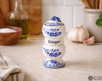 Vintage Arnart Blue Onion Ginger Jar Replacement | Blue & White Ceramic Spice Container | 1980s Farmhouse Kitchen Decor