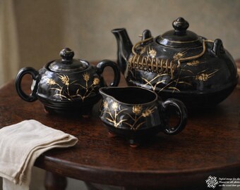 Vintage Redware Tea Set Japan 1960s, Black Teapot with Wire Handle, Creamer and Sugar Bowl with Lid, Mid Century Decor