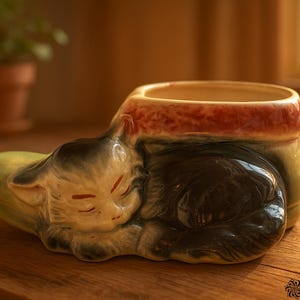 May include: A ceramic planter shaped like a sleeping cat. The planter is cream, black, and green with a red rim. The cat is curled up on a green pillow, with its eyes closed. The planter is on a wooden surface.