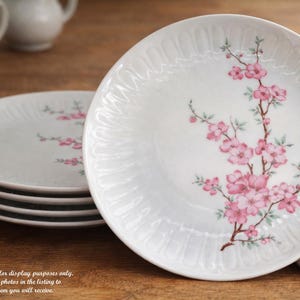 May include: White ceramic plates with a delicate pink floral design. The plates have a ridged edge and are stacked on a wooden surface. The image also shows a white pitcher and two small teacups. The plates are approximately 10 inches in diameter.