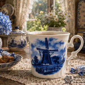 May include: A white ceramic mug featuring a blue transferware-style illustration of a traditional Dutch windmill in a rural landscape. The mug has a fluted body and a curved handle, showcasing a classic blue and white color palette throughout.