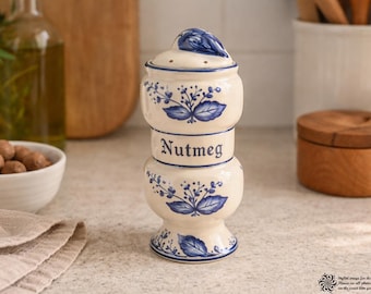 Vintage Arnart Blue Onion Nutmeg Jar Replacement | Blue & White Ceramic Spice Container | 1980s Farmhouse Kitchen Decor