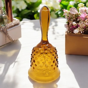 Stunning Vintage Fenton Amber Hobnail Bell w/ Beveled Handle – Mid-Century Elegance!