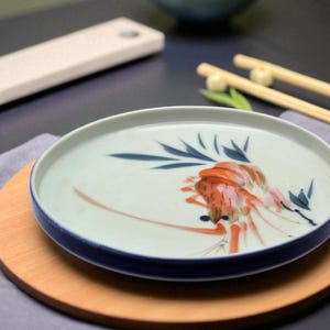 Vintage Japanese-Style Sushi Plate – Hand-Painted Shrimp Brush Art – Arita-Inspired Porcelain Dish – Midcentury Coastal Decor