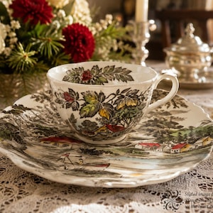 May include: A ceramic teacup and matching saucer featuring a detailed transferware pattern of a rural landscape with houses, trees, and a river. The design includes muted green, brown, and red tones on a cream background with a scalloped edge.