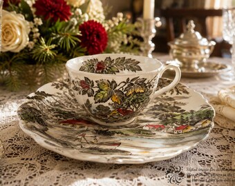 May include: A ceramic teacup and matching saucer featuring a detailed transferware pattern of a rural landscape with houses, trees, and a river. The design includes muted green, brown, and red tones on a cream background with a scalloped edge.
