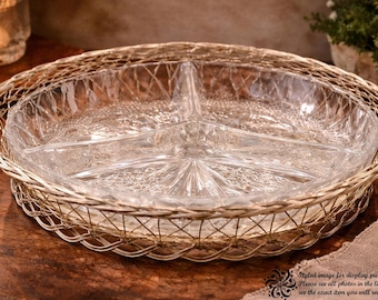 Vintage Oneida Silver Plated Relish Basket w Divided Glass Insert 13x9 Serving Tray Elegant Entertaining Dish