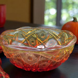 Mid Century Pressed Amberina Glass Bowl – Fire Glow Red to Orange Fade – Retro 1960s-70s Vintage Candy or Fruit Dish