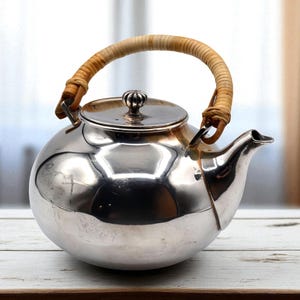 Vintage Gorham Newport Silverplate Teapot YB89 – Round Globe Shape, Bamboo Handle, Ornate Lid – Elegant Mid-Century Tea Kettle