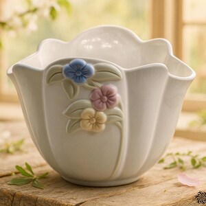 May include: A white ceramic planter with a scalloped rim and embossed floral details. The planter features three flowers in blue, pink, and yellow, with green leaves. The planter is approximately 7 inches in diameter.