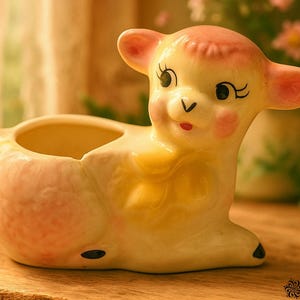 May include: A vintage ceramic lamb planter in a seated position. The lamb is primarily yellow with pink accents on the ears, cheeks, and top of the head. It has black eyes and a small red mouth. The planter has a hollowed-out area for plants.