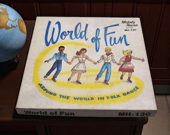 May include: Vintage "World of Fun" album cover. The cover features illustrations of four people holding hands, dancing. The album title is in blue script, with the text "Around the World in Folk Dance" below. The album is labeled "Melody House MH-130".