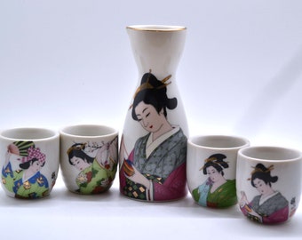 Vintage Ochoko Tokkuri HEISEI Japanese Sake Serving Set - 5-Piece - Exquisite Details - Impeccable Condition